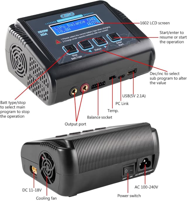 Detalle 2 de HTRC C150 LiPo Ladegerät (150W, 10A) mit Balancer für LiPo/LiHV, NiMH/NiCd & PB, LCD, 20 Speicherplätze