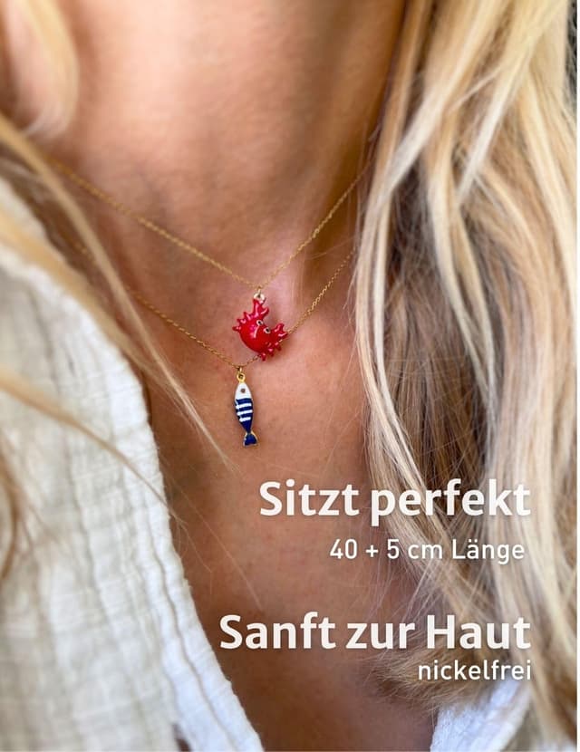 Detalle de happymaker Edelstahlkette Damen Gold mit Fisch- oder Krebs-Anhänger (18k vergoldet), größenverstellbar & wasserfest