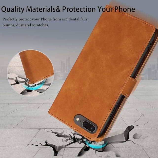 Detalle de GOTOURED Wallet Case for iPhone 7/8 Plus (RFID) – Brown PU Leather Folio with 4 Card Slots, Detachable Strap & Kickstand
