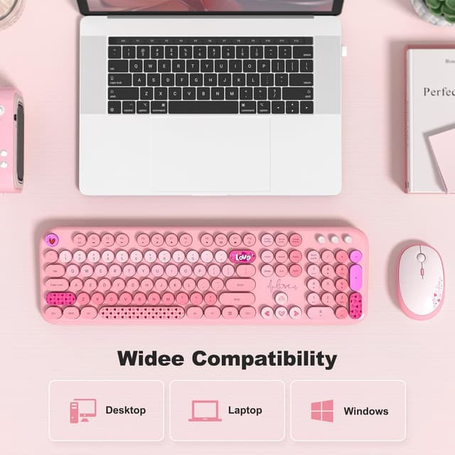 Detalle de MOWUX Wireless Keyboard and Mouse Combo (Full-Size Typewriter Retro Round Keys) + Cute Optical Mouse, Plug and Play — Pink Heart