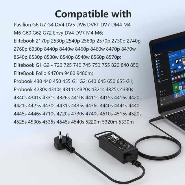Detalle de 65W Laptop Charger (7.4 x 5.0mm) Compatible with HP Pavilion, EliteBook & ProBook — 18.5V DC Output