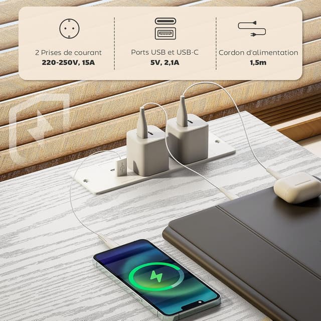 Detalle de HOMCOM Bureau d’ordinateur blanc 120 x 40 cm avec station de charge USB et 3 tiroirs en tissu