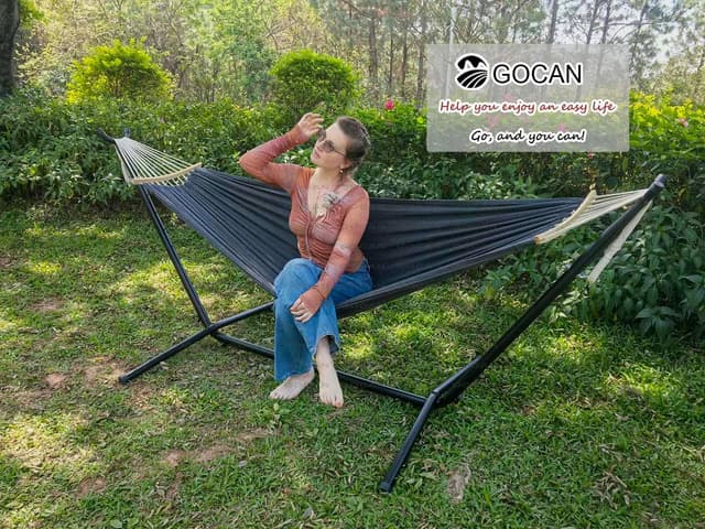 Detalle de GOCAN Hängematte für 2 Personen 220×150 cm mit abnehmbarem Spreizstab (Gesamtlänge 330 cm) – Outdoor & Indoor, bis 300 kg