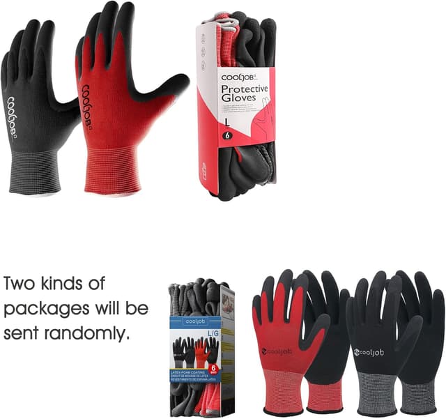 Detalle de COOLJOB men’s gardening work gloves (6 pairs) with rubber-coated grip – black & red, large