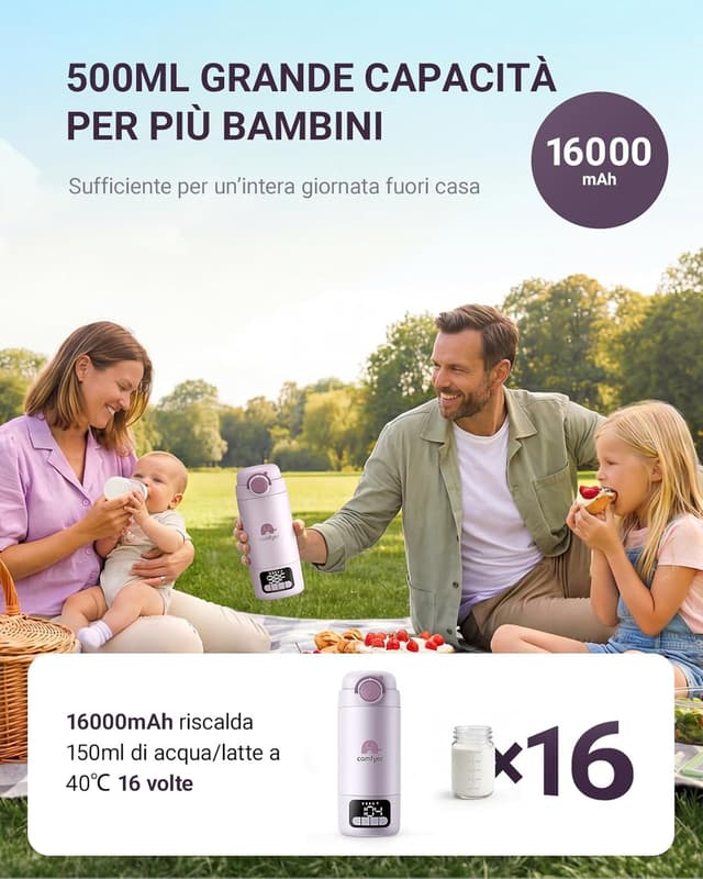 Detalle 2 de Comfyer BW02 scaldabiberon portatile con batteria 16.000 mAh e sterilizzatore integrato da 500 ml