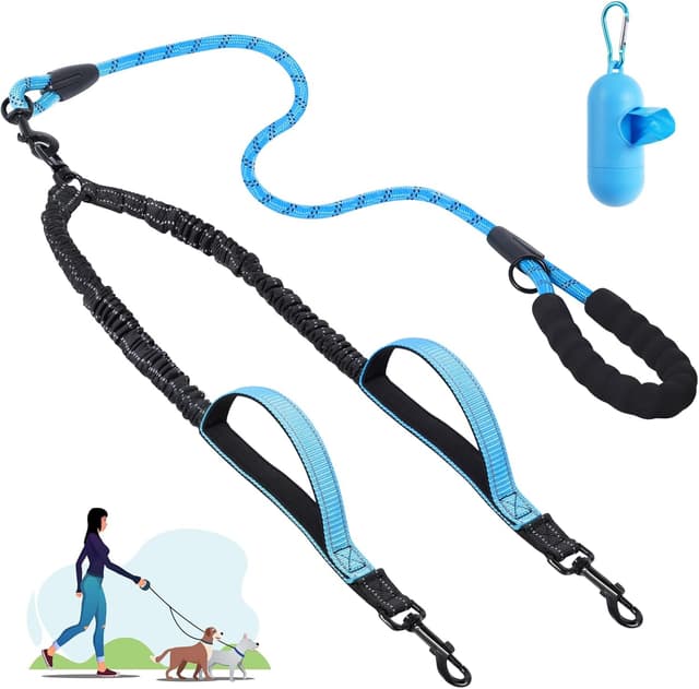 Thumbnail 6 de Double Dog Lead for 2 Dogs (No Tangle) with 360° Swivel, Reflective & Shock-Absorbing Bungee Handle – Black