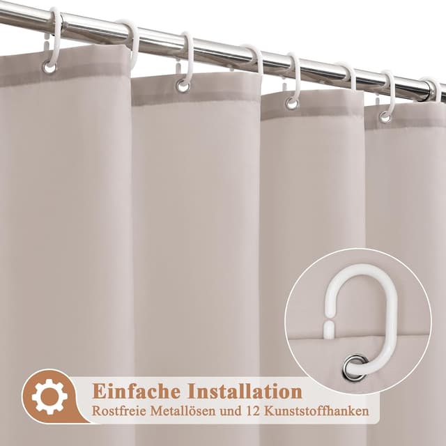 Detalle de Rideau de douche EurCross 180x190 cm sable en textile imperméable avec 12 anneaux