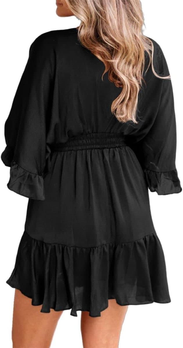 Detalle 2 de Aoysky V-Neck Smocked-Waist Ruffle Mini Dress for Summer