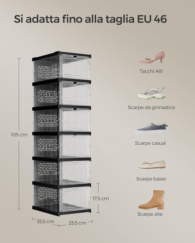 Detalle de SONGMICS LSP205B01: set di 6 scatole porta scarpe impilabili, pieghevoli e componibili fino alla taglia 46