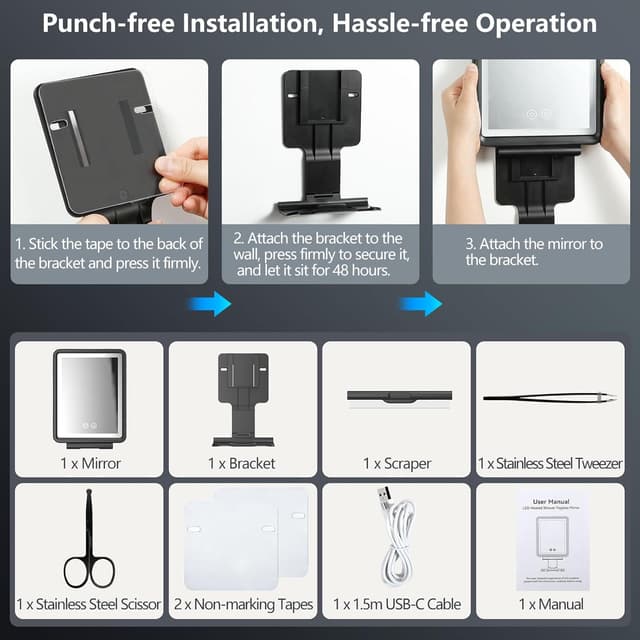 Thumbnail 6 de Heated Fogless Shower Mirror for Shaving with Razor Holder, Rechargeable Anti-Fog Mirror and Stepless Dimmable Lights