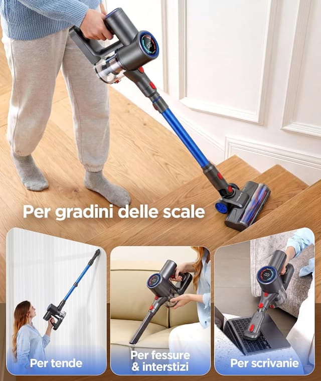 Detalle de VersLife Z8 Aspirapolvere Senza Fili 40KPa con filtro HEPA e luce LED verde, autonomia 45 min