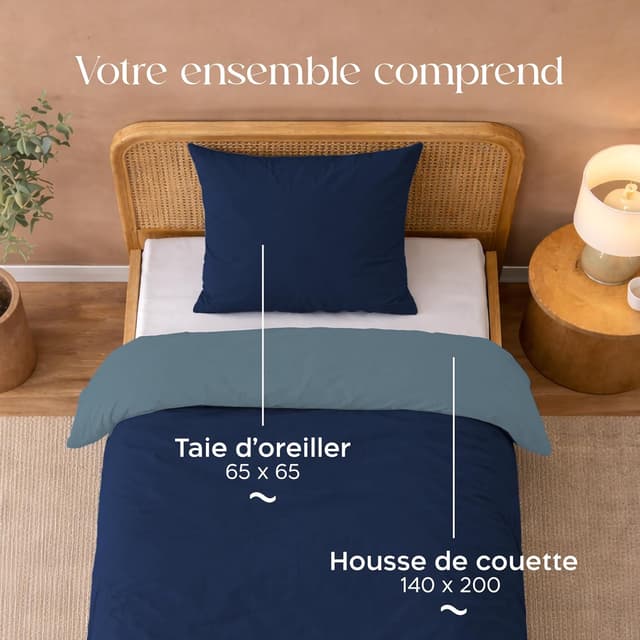 Detalle de Twinzen Parure de lit 140x200 réversible en microfibre (housse de couette + taie 65x65) Bleu Foncé/Bleu Gris