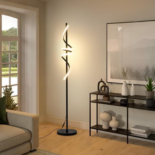 Detalle de POWROL Spiral LED Floor Lamp (Dimmable) with Remote & Foot Control, 3 Colour Temperatures, 48W, Black