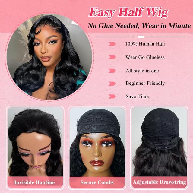 Thumbnail 1 de olimaruly 18-inch 100% Virgin Human Hair Body Wave Half Wig (Natural Black) – Drawstring, Glueless Wear & Go