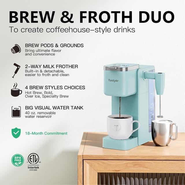 Detalle 2 de Tastyle Single Serve Coffee Maker with Detachable Milk Frother (Teal) – Hot & Iced for K-Cups or Grounds