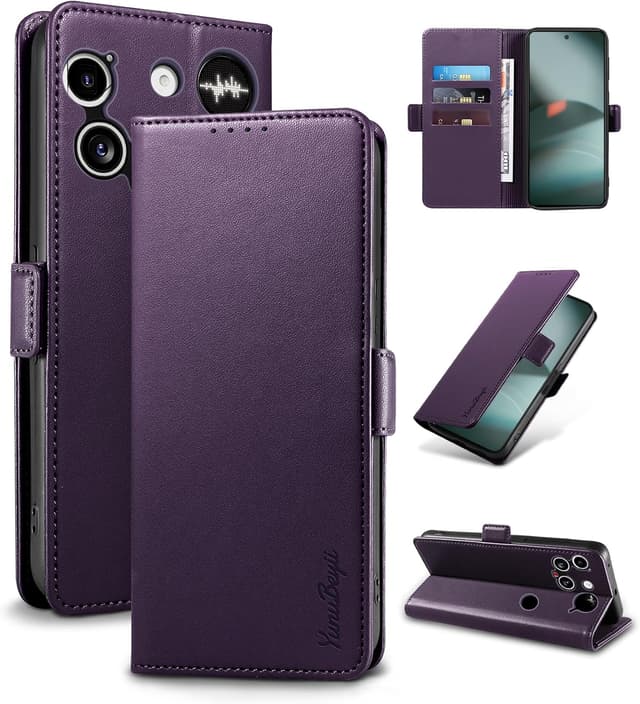 Detalle de Yunubeyii Handyhülle für Nothing Phone (3) – RFID-Blocker, Kartenhülle mit Magnetverschluss, Klapphülle mit Ständer (lila)