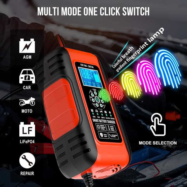 Detalle 2 de Husgw 10Amp Car Battery Charger 12V/24V (7-Stage) Smart Maintainer & Pulse Repair