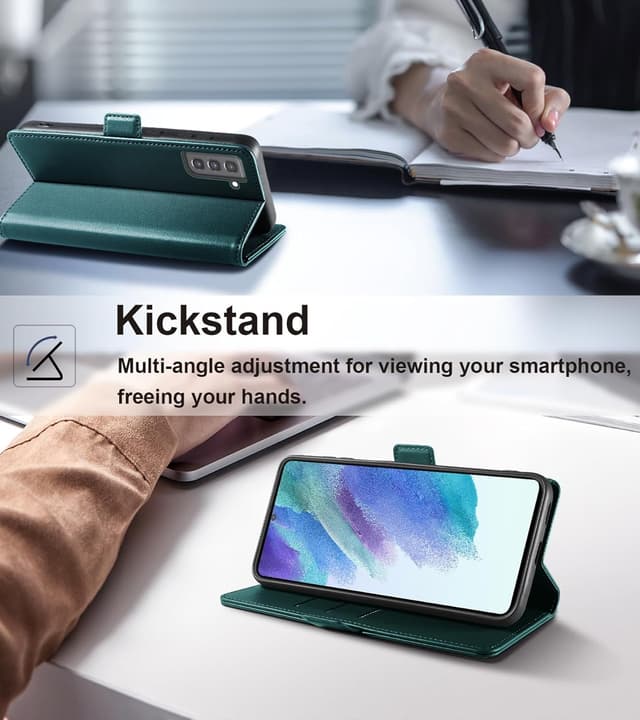 Detalle 2 de Yunubeyii Handyhülle für Samsung Galaxy S21 FE mit RFID-Blocker, Kartenfächern und Klapphülle-Ständer – grün