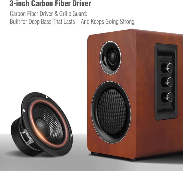 Detalle de ZQMMSPK Active Bookshelf Speakers (60W) with Bluetooth 5.3, USB-C and 3-inch carbon fibre woofer – Brown stereo set