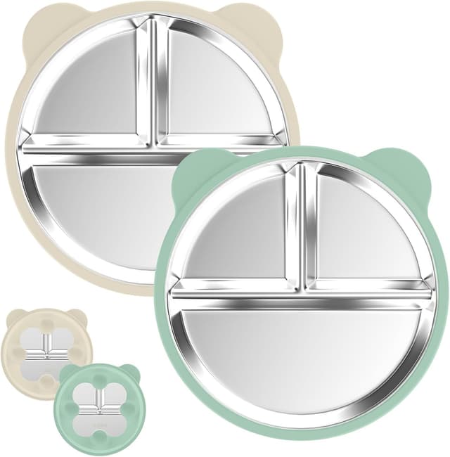 Detalle de Edelstahl Baby Teller mit Saugnapf (2 Stück) – Silikon-Kinderteller BPA-frei, abnehmbare Hülle, Beige + Dunkelgrün