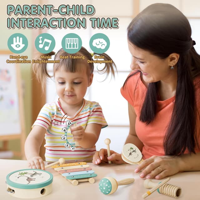 Detalle de Lehoo Castle Wooden Musical Instruments Set (xylophone, maracas & more) for toddlers 1–3