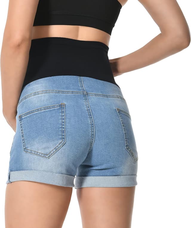Detalle de V VOCNI Maternity Denim Shorts with High Waist & Distressed Cuffed Hem