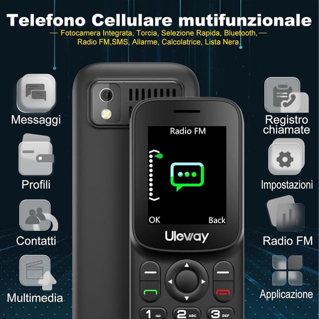 Detalle 2 de Uleway 4G telefono cellulare compatto per anziani con doppia SIM, tasti grandi, USB‑C e radio FM (LCD da 1,77")