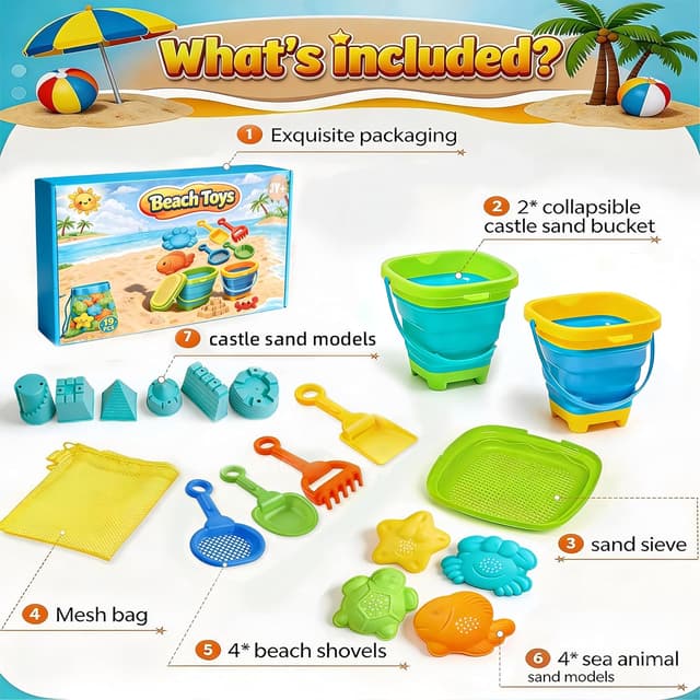 Detalle de FLEXTRIX Sandspielzeug-Set (19-teilig) mit faltbaren Eimern, Sieb und Strandformen – Strand- & Reisespielzeug ab 3 Jahren