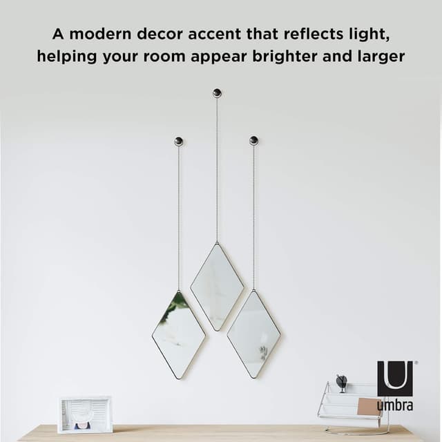 Detalle de Umbra Dima Mirror – Lot de 3 miroirs losanges suspendus noir, avec chaîne
