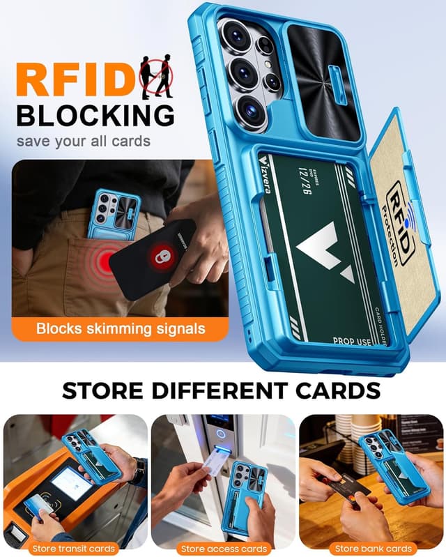 Detalle de Vizvera Galaxy S26 Ultra case with sliding camera cover, card wallet and RFID protection (Lake Blue)