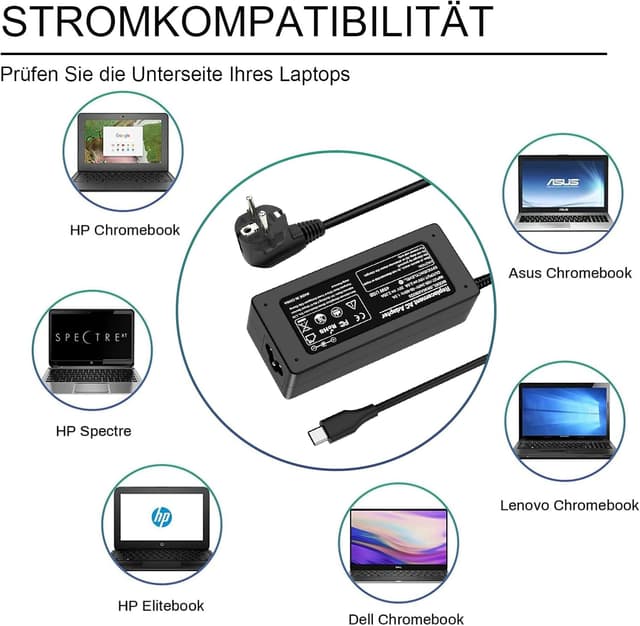Detalle 2 de 45W USB-C Chromebook Ladegerät (Ersatz-Netzteil) – 20V/2,25A passend für viele HP, Lenovo, ThinkPad, Acer & mehr