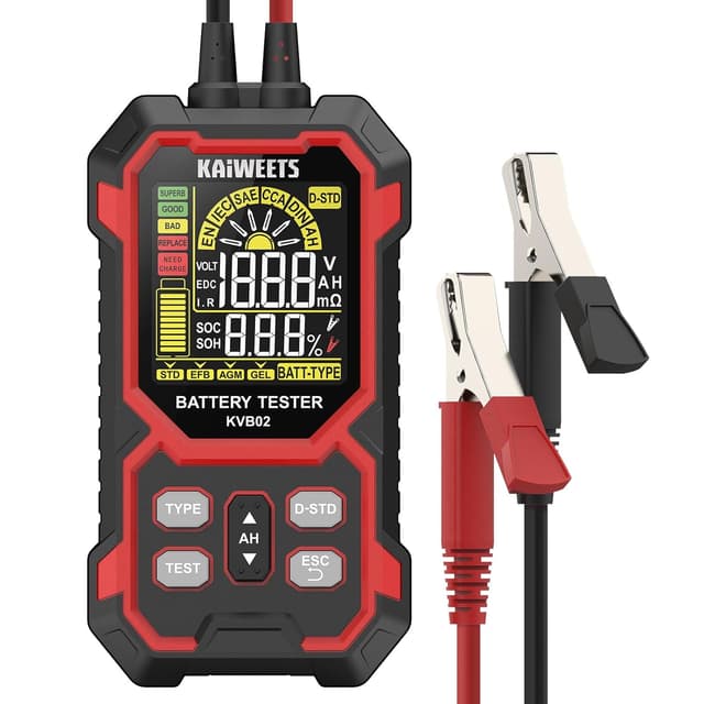 Detalle de KAIWEETS Tester Batteria Auto 12V/24V digitale 50–2000 CCA con display LCD (SOH/SOC)