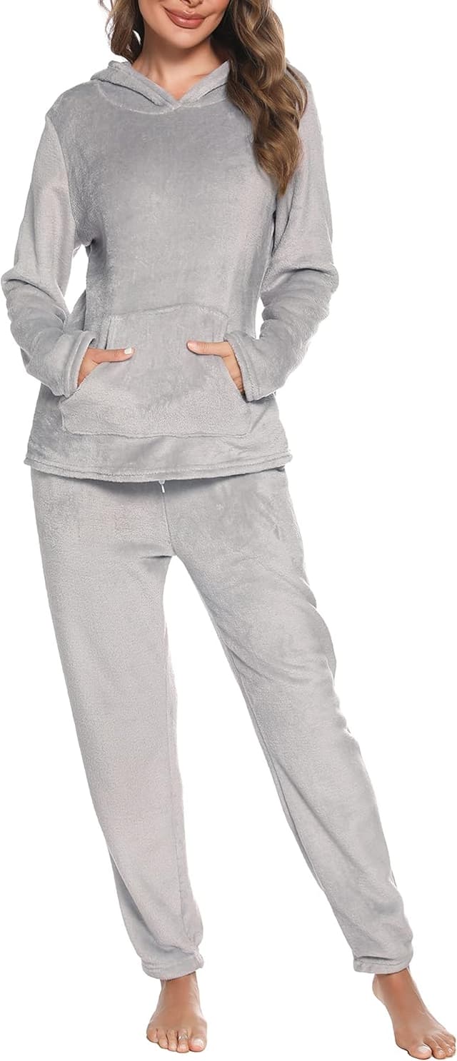 Detalle de Ensemble de pyjama femme en polaire Lovasy avec capuche et grandes poches
