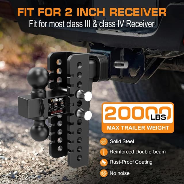 Detalle 2 de 2026 Vullteeon Adjustable Trailer Hitch (8-Inch Drop) for 2-Inch Receiver — Dual Ball Mount, 20,000 lbs GTW