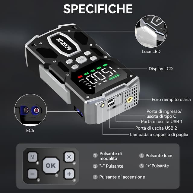 Thumbnail 6 de ACEZUK Avviatore Batteria Auto 12V 8000A con compressore 150 PSI e display 3,4