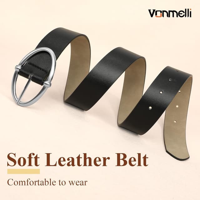 Detalle de VONMELLI PU leather women’s belt for jeans with oval silver or gold buckle