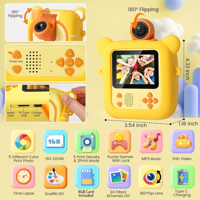 Detalle de ARNSSIEN Macchina Fotografica Bambini istantanea con obiettivo 180° e schermo 2,4