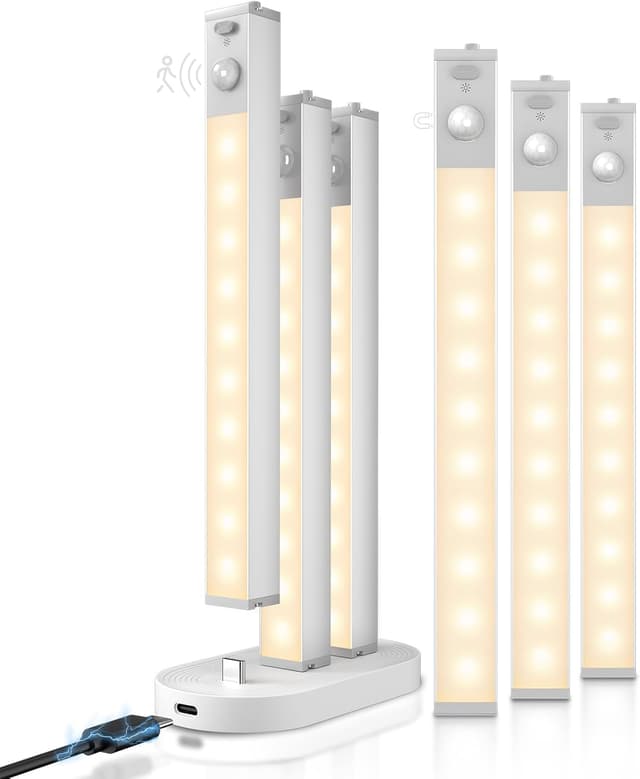 Detalle de Goodea Schranklicht mit Bewegungsmelder, 6er-Set (aluminiumfarben, dimmbar, 3000K, USB-C-Lade-Dock)