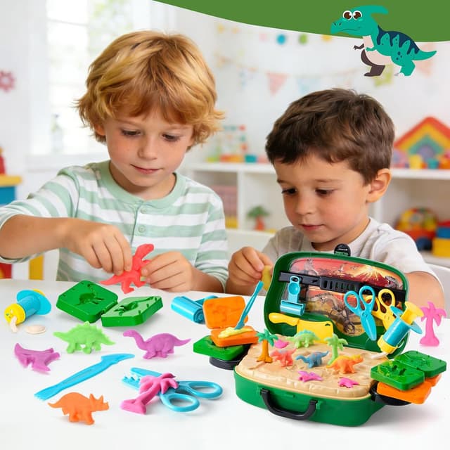 Detalle 2 de Crelloci Dinosaur Colour Dough Set (26 pcs) with Tools, Moulds and Portable Wheeled Case