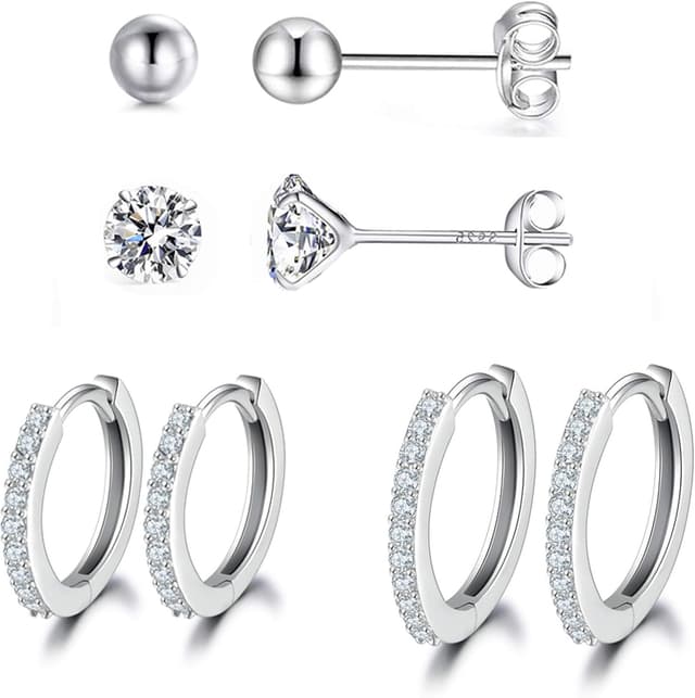 Detalle de Boucles d’oreilles femme argent 925 : clous 3 mm, zircons cubiques et créoles 10/12 mm (argent, or jaune, or rose)