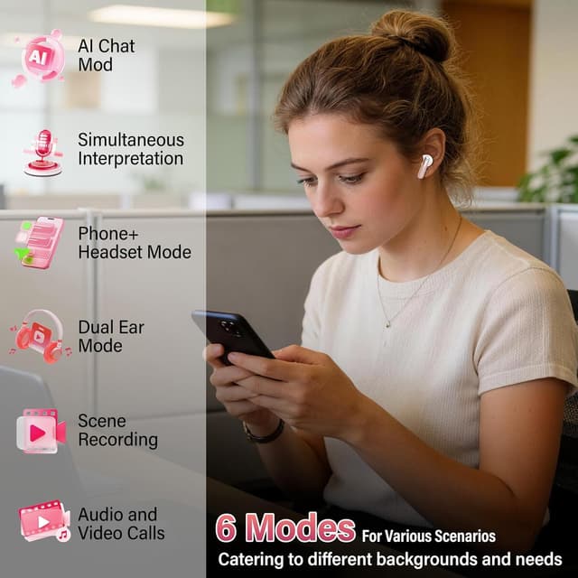 Detalle de ZYHKON AI Écouteur Traducteur instantané 164 langues (ANC/ENC) rose – écran tactile LED, appels & musique