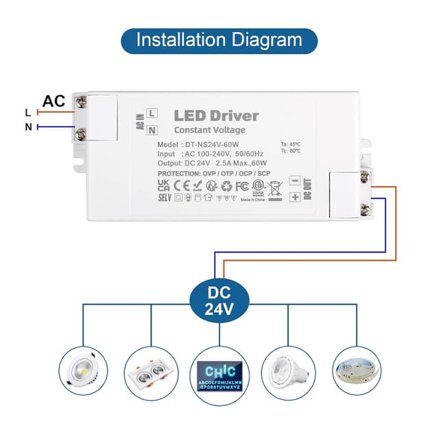 Detalle de VARICART 24V LED Driver 60W Power Supply (2.5A) – Constant Voltage AC 240 to 24V DC adaptor