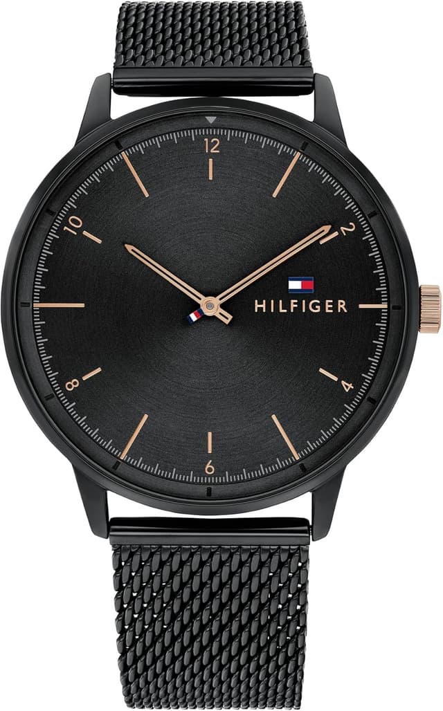 Detalle de Tommy Hilfiger Analog Quarzuhr 1791845 für Herren mit schwarzem Edelstahl-Mesh-Armband