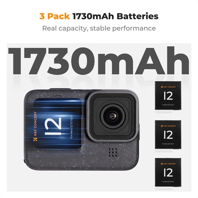 Detalle de K&F CONCEPT 3-Pack Replacement Batteries for Hero 12 with 3-Channel Quick Charger (1730mAh)