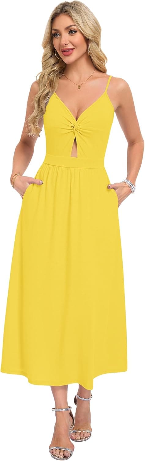 Detalle de AUSELILY summer maxi dress for women with V-neck, sleeveless fit and pockets