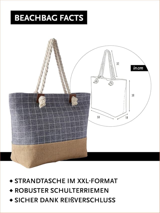 Detalle de DonDon große Strandtasche XXL mit Reißverschluss – Umhängetasche für Urlaub, Strand & Shopper (Karo blau)