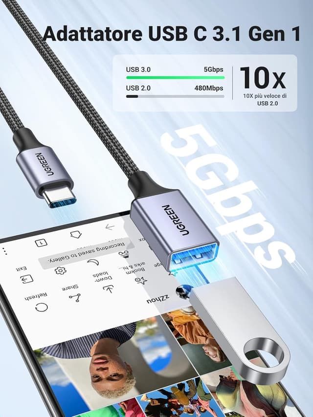 Detalle de UGREEN Cavo OTG Type-C maschio a USB 3.0 femmina 5 Gbps in nylon intrecciato (compatibile con iPhone, iPad, MacBook e Galaxy)