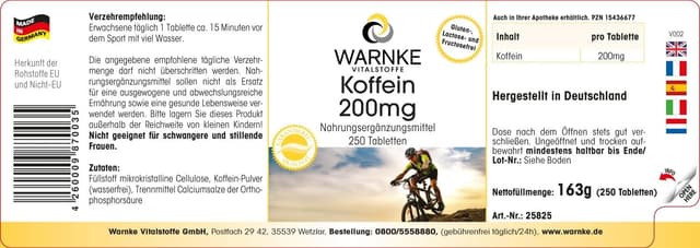 Detalle 2 de Warnke Vitalstoffe Caffeina pura 200 mg in compresse 250 vegane đź’Š
