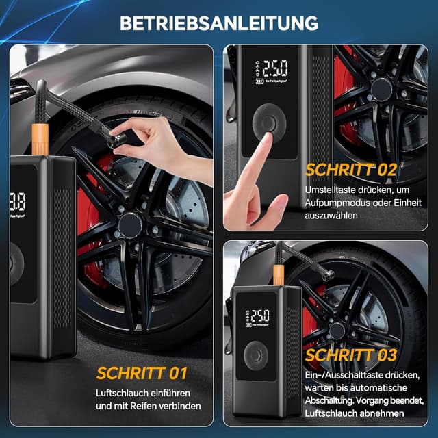 Detalle de Elektrische Luftpumpe 150 PSI – tragbarer Akku Mini-Kompressor mit digitaler Anzeige, LED-Licht & USB-Laden