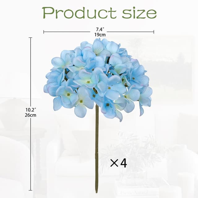 Detalle 2 de Oairse set of 4 artificial hydrangea flower heads (19cm) with stems for DIY bouquets and wedding displays